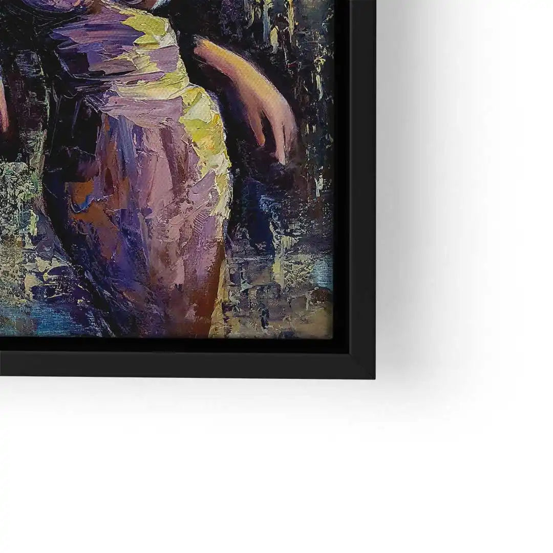 Abstraktes Wandbild mit drei Frauen, ausdrucksstarke Farben, modernes Kunstmotiv im schwarzen Rahmen