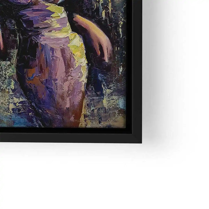 Abstraktes Wandbild mit drei Frauen, ausdrucksstarke Farben, modernes Kunstmotiv im schwarzen Rahmen