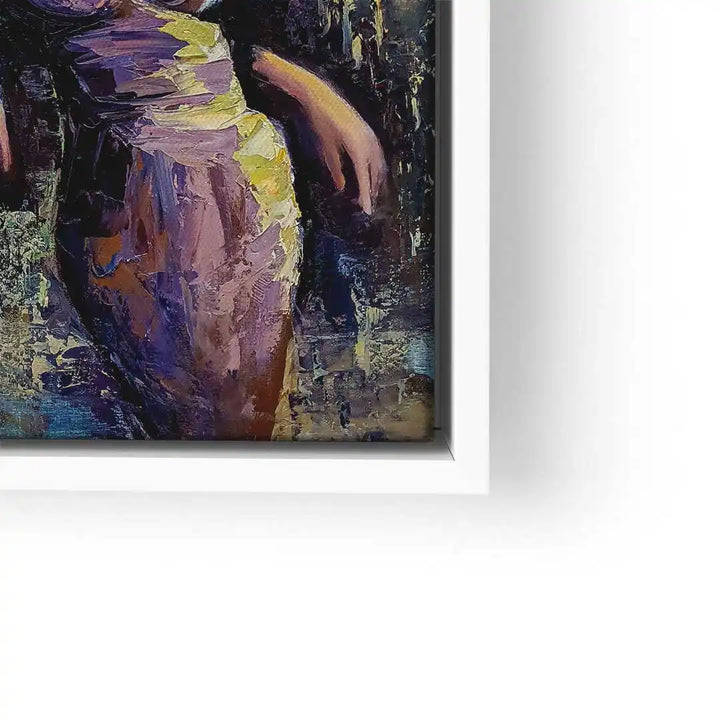 Abstraktes Wandbild mit drei Frauen in bunten Kleidern, moderne Kunst auf Leinwand.