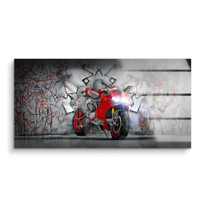 Rotes Motorrad Wandbild auf Acrylglas mit Graffiti und Street Art Hintergrund