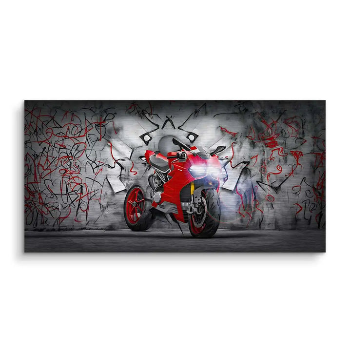 Modernes Wandbild mit rotem Motorrad vor Graffiti-Wand, urban, dekorativ, Kunstmotiv