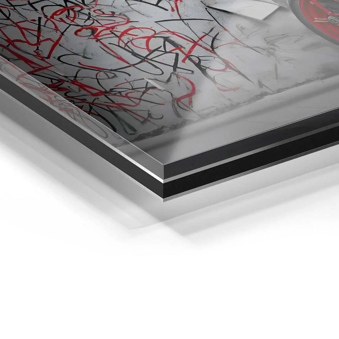 Detailansicht eines Wandbilds auf Acrylglas mit rotem und schwarzem Graffiti-Motiv