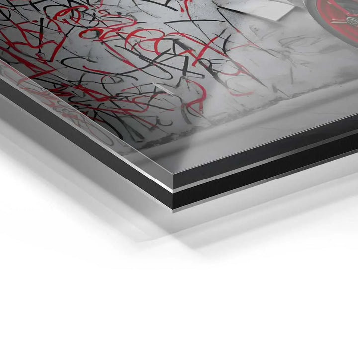 Detailansicht eines Wandbilds auf Acrylglas mit rotem und schwarzem Graffiti-Motiv