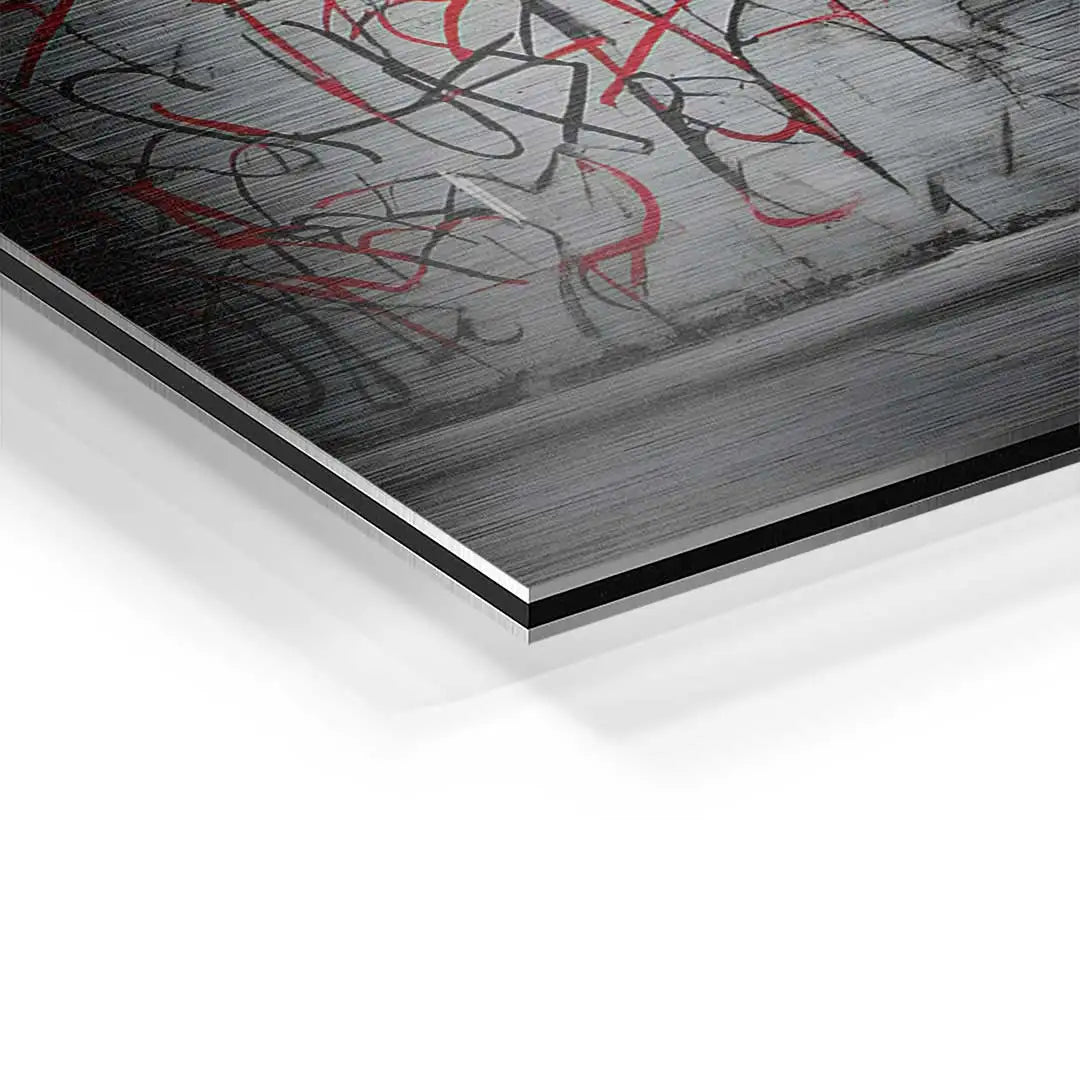 Detailansicht Wandbild auf Aluminium mit rotem und schwarzem abstraktem Kunstmotiv