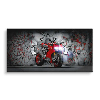 Wandbild mit rotem Motorrad vor Graffiti-Wand, modernes Kunstmotiv für Wohnzimmer