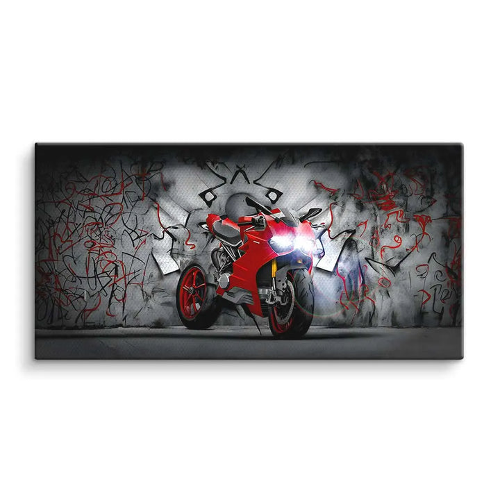 Wandbild mit rotem Motorrad vor Graffiti-Wand, modernes Kunstmotiv für Wohnzimmer