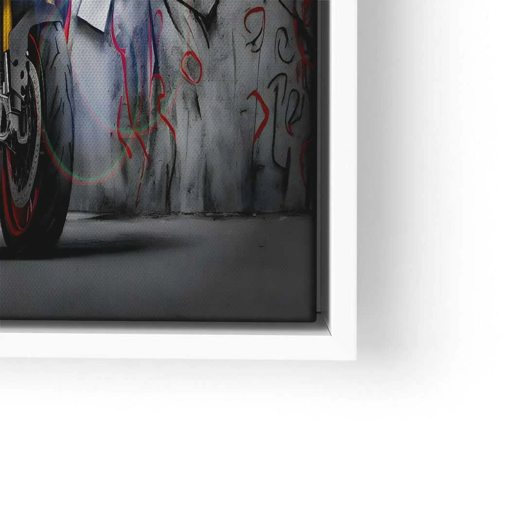 Modernes Wandbild mit Ducati Motorrad und Graffiti auf grauer Wand, Kunstdruck auf Leinwand