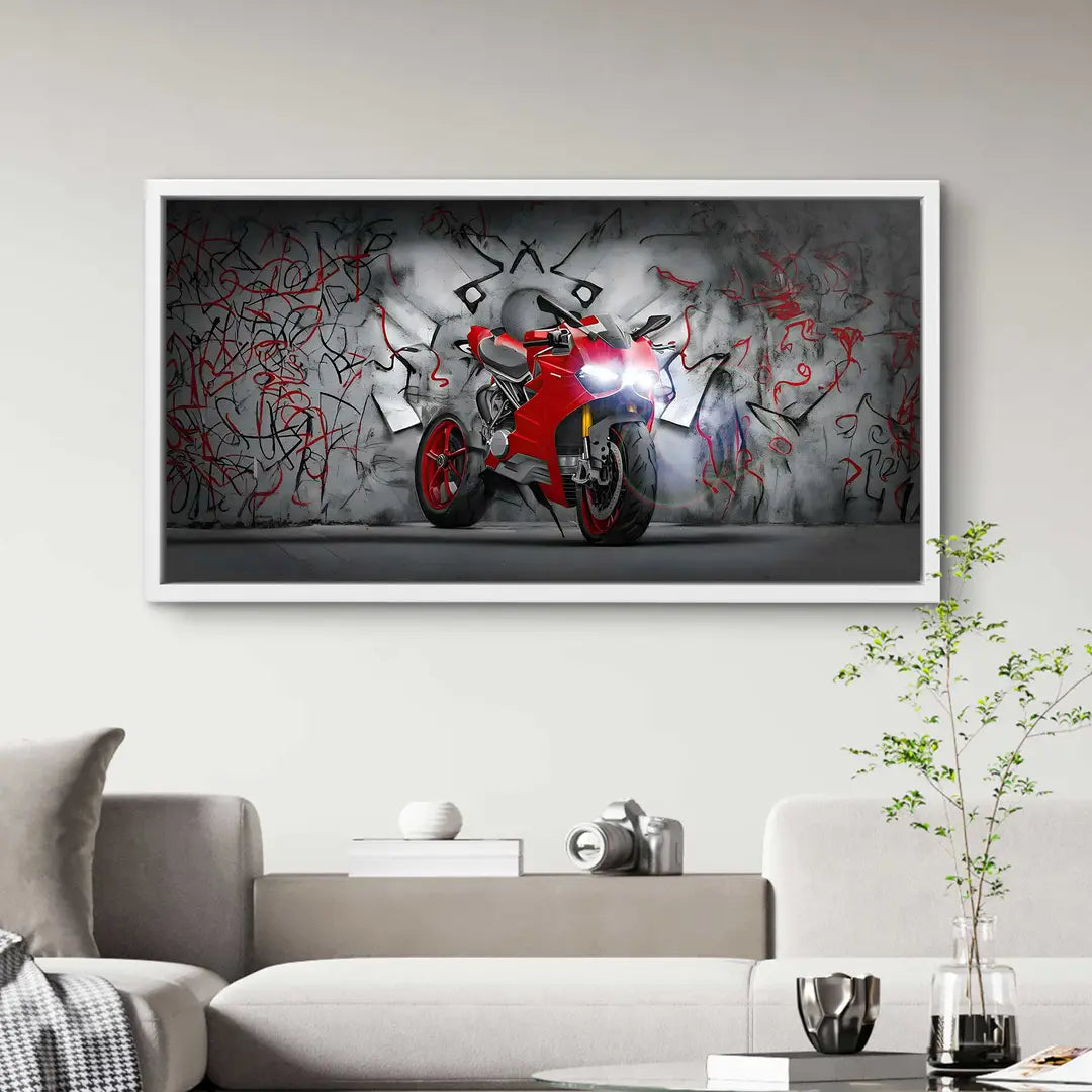 Modernes Wandbild mit rotem Motorrad vor abstrakter Graffiti-Wand im Wohnzimmer