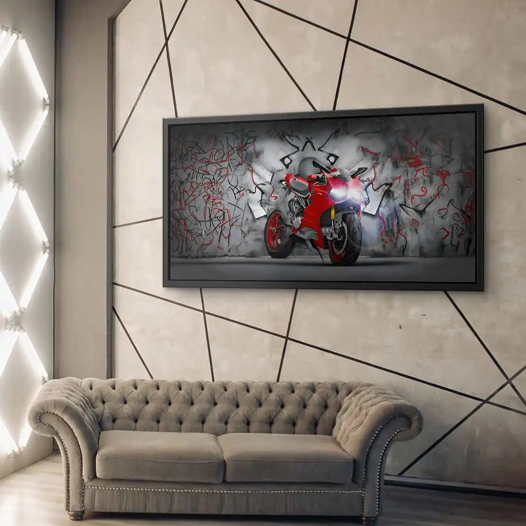 Modernes Wohnzimmer mit Wandbild eines roten Motorrads vor Graffiti-Kunst, Sofalandschaft