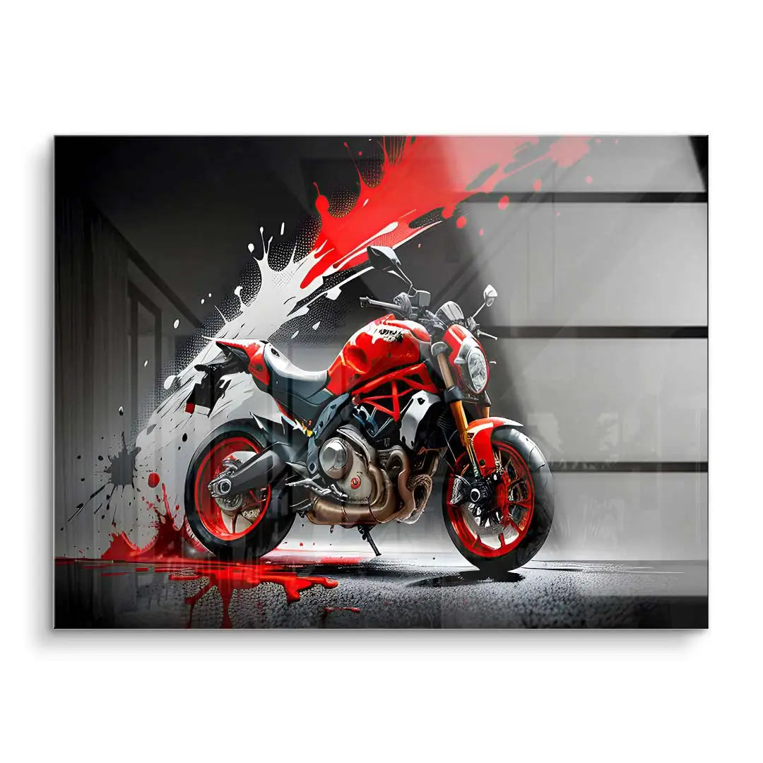 Modernes Wandbild mit rotem Motorrad und dynamischem Farbsplash auf Acrylglas