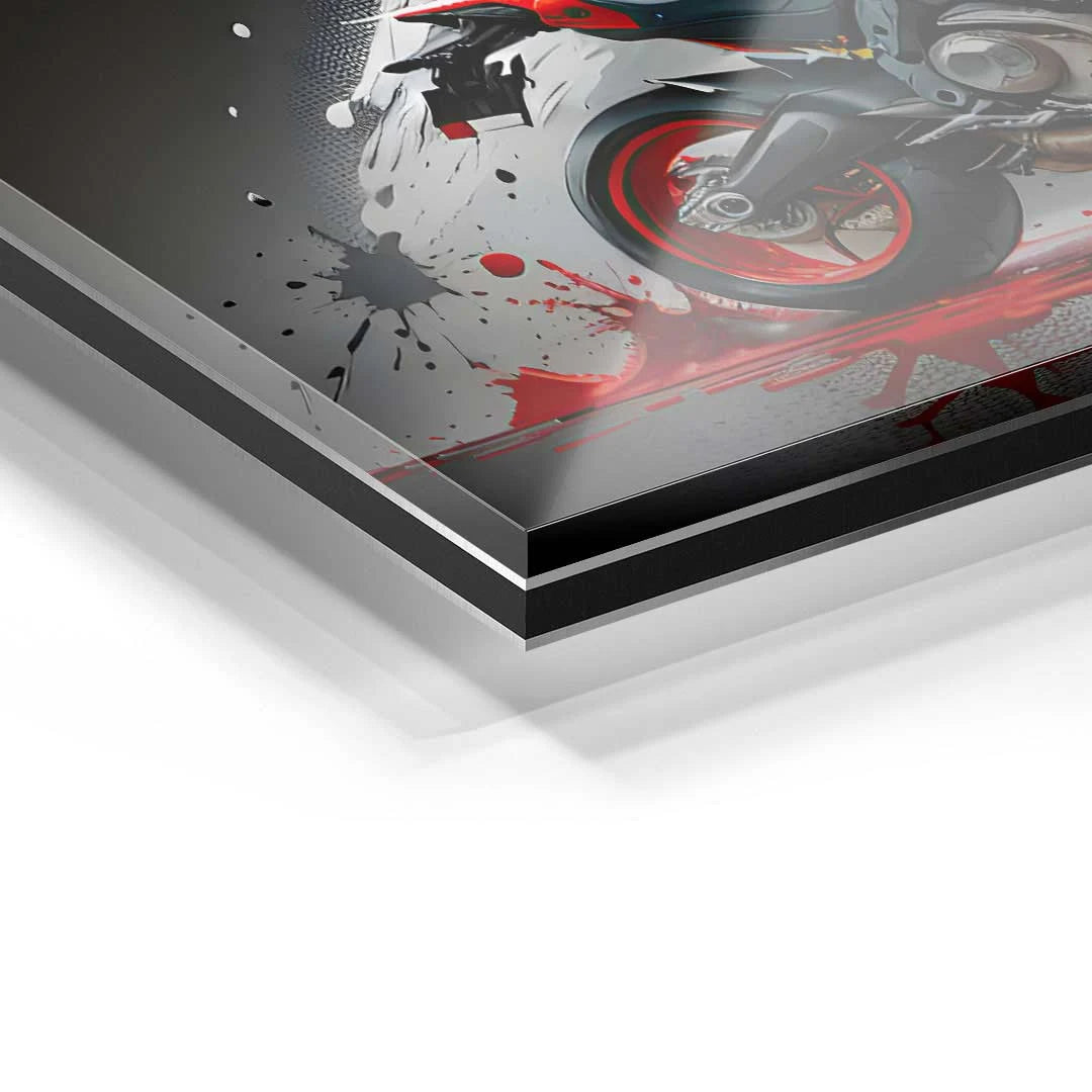 Detailansicht Acrylglas-Wandbild mit rotem Motorrad und Farbspritzern