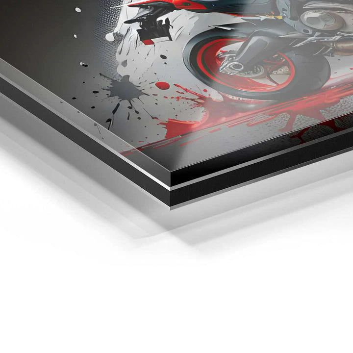 Detailansicht Acrylglas-Wandbild mit rotem Motorrad und Farbspritzern
