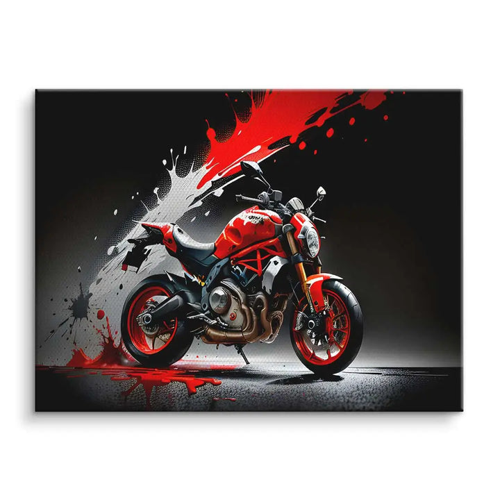 Modernes Wandbild mit rotem Motorrad und dynamischen Farbspritzern auf schwarzem Hintergrund