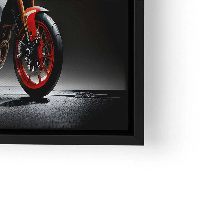 Modernes Wandbild mit rotem Ducati Motorrad-Vorderrad auf dunklem Hintergrund