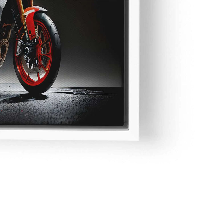Modernes Wandbild mit rotem Motorrad-Vorderrad und sportlichem Asphalt-Hintergrund