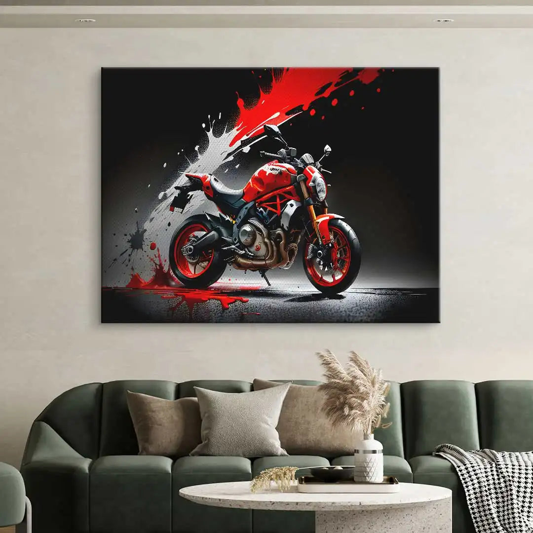 Modernes Wandbild mit rotem Motorrad und dynamischen Farbspritzern im Wohnzimmer