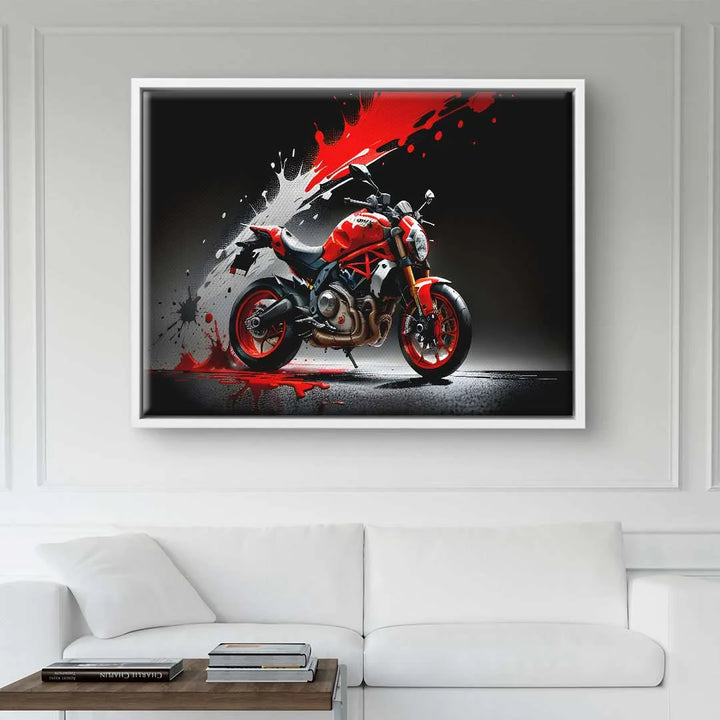 Modernes Wandbild mit rotem Motorrad und dynamischem Farbspritz-Effekt, Wohnzimmer-Deko