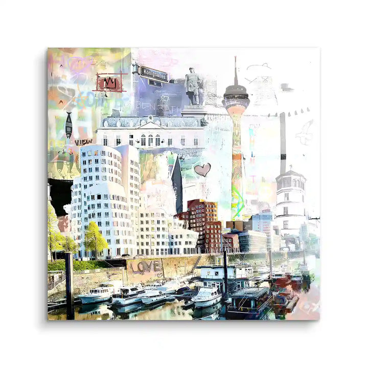 Modernes Wandbild mit Düsseldorfer Skyline, Medienhafen, Rheinturm und Booten am Wasser.