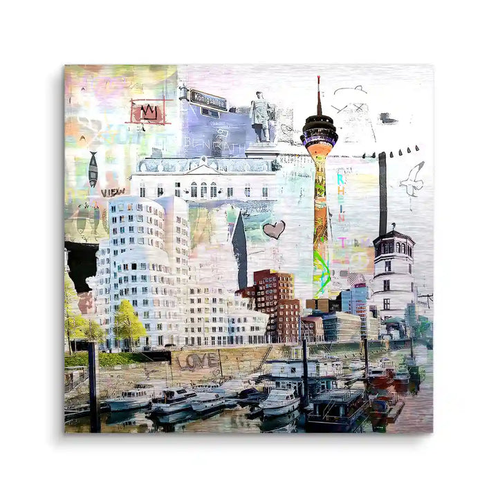 Modernes Wandbild Düsseldorf mit Medienhafen, Rheinturm und Booten am Wasser