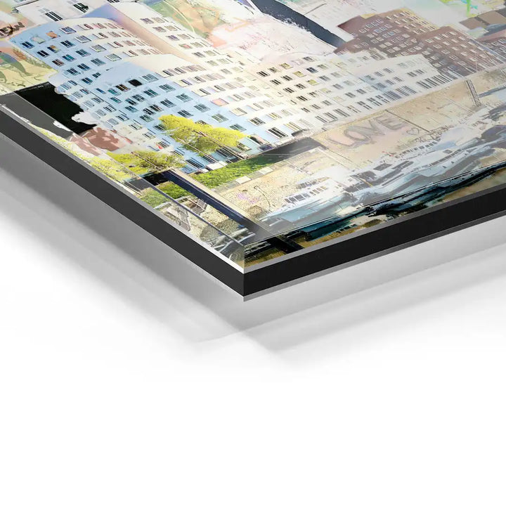 Detail eines modernen Wandbilds auf Acrylglas mit Düsseldorfer Architektur und bunten Grafiken