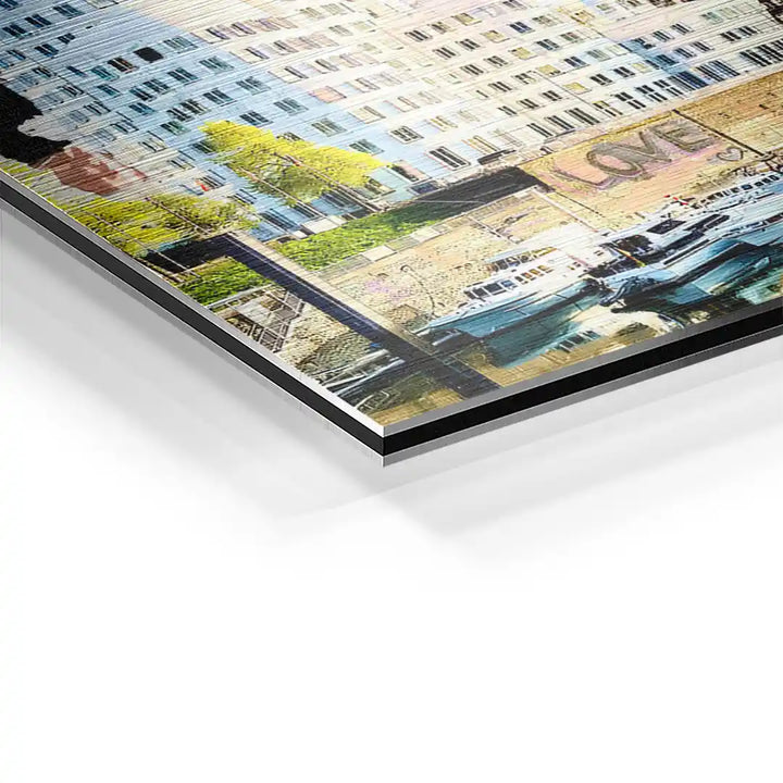 Detailaufnahme Wandbild Düsseldorf mit moderner Architektur und Booten am Wasser
