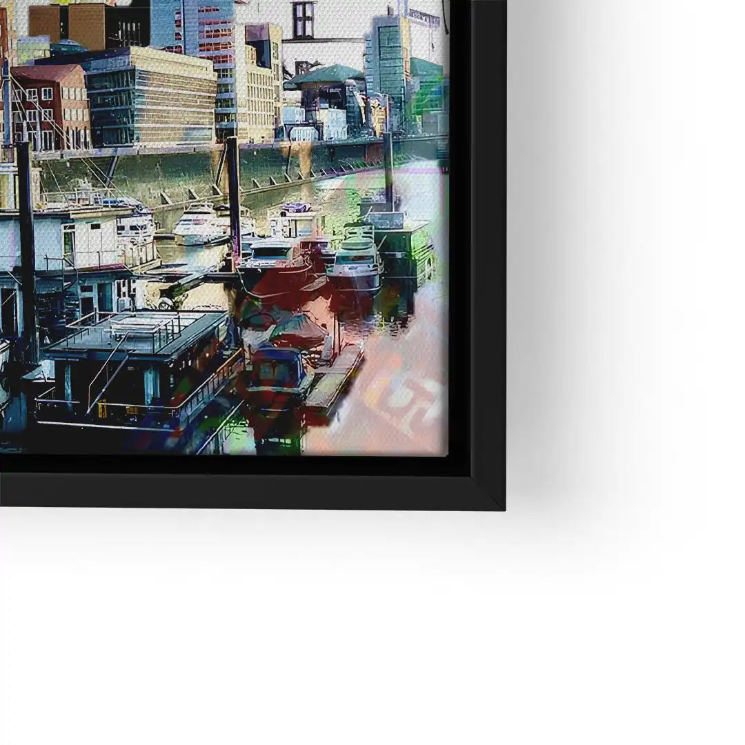 Modernes Wandbild mit Düsseldorf Skyline und Hafen, bunte Boote und Gebäude am Wasser
