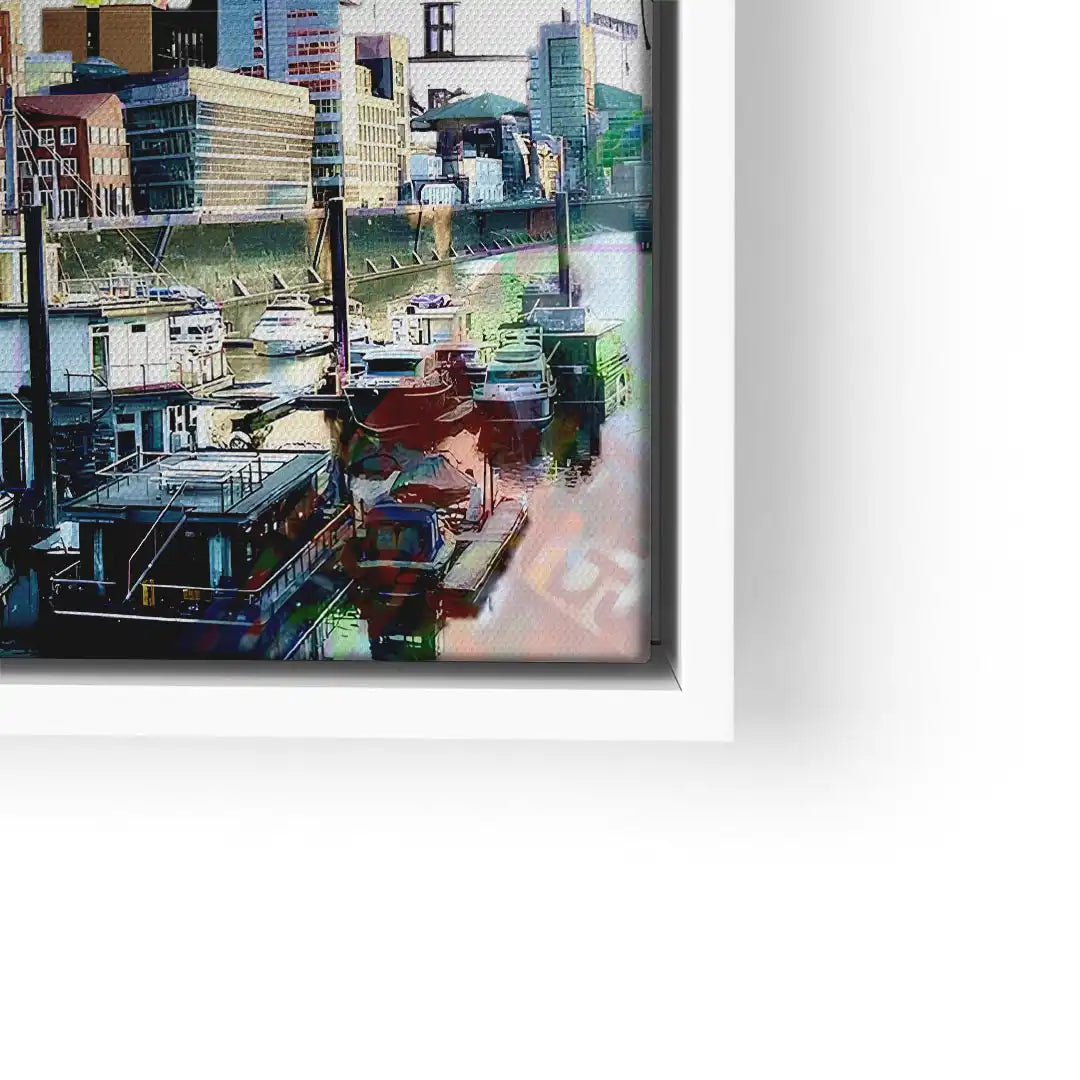 Modernes Wandbild mit Düsseldorf Skyline, Hafen und Booten bei Tag, farbenfroher Kunstdruck