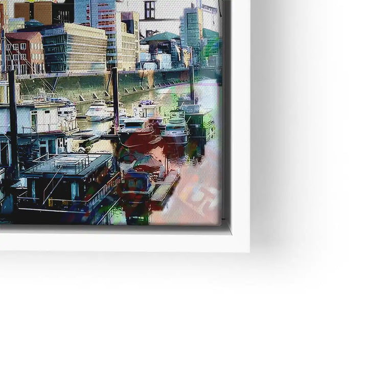 Modernes Wandbild mit Düsseldorf Skyline, Hafen und Booten bei Tag, farbenfroher Kunstdruck