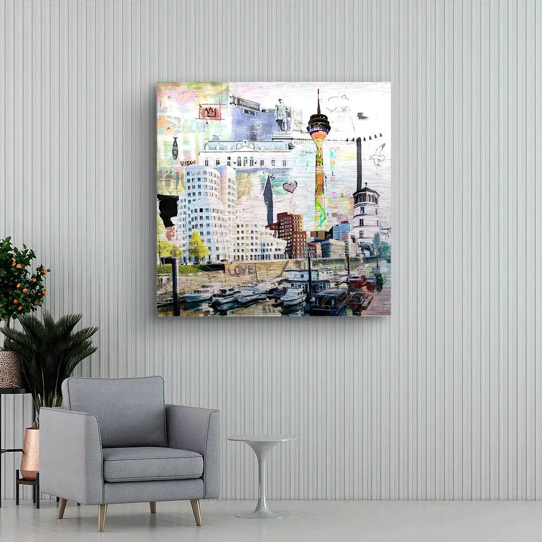 Modernes Wandbild mit Düsseldorf Skyline, Medienhafen und Rheinturm im Wohnzimmer