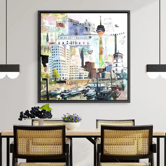 Modernes Wandbild mit Düsseldorf Skyline, Medienhafen, Rheinturm und bunten Stadtmotiven