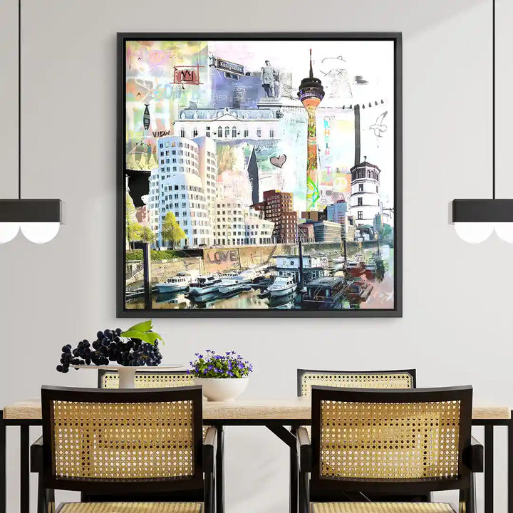 Modernes Wandbild mit Düsseldorf Skyline, Medienhafen, Rheinturm und bunten Stadtmotiven