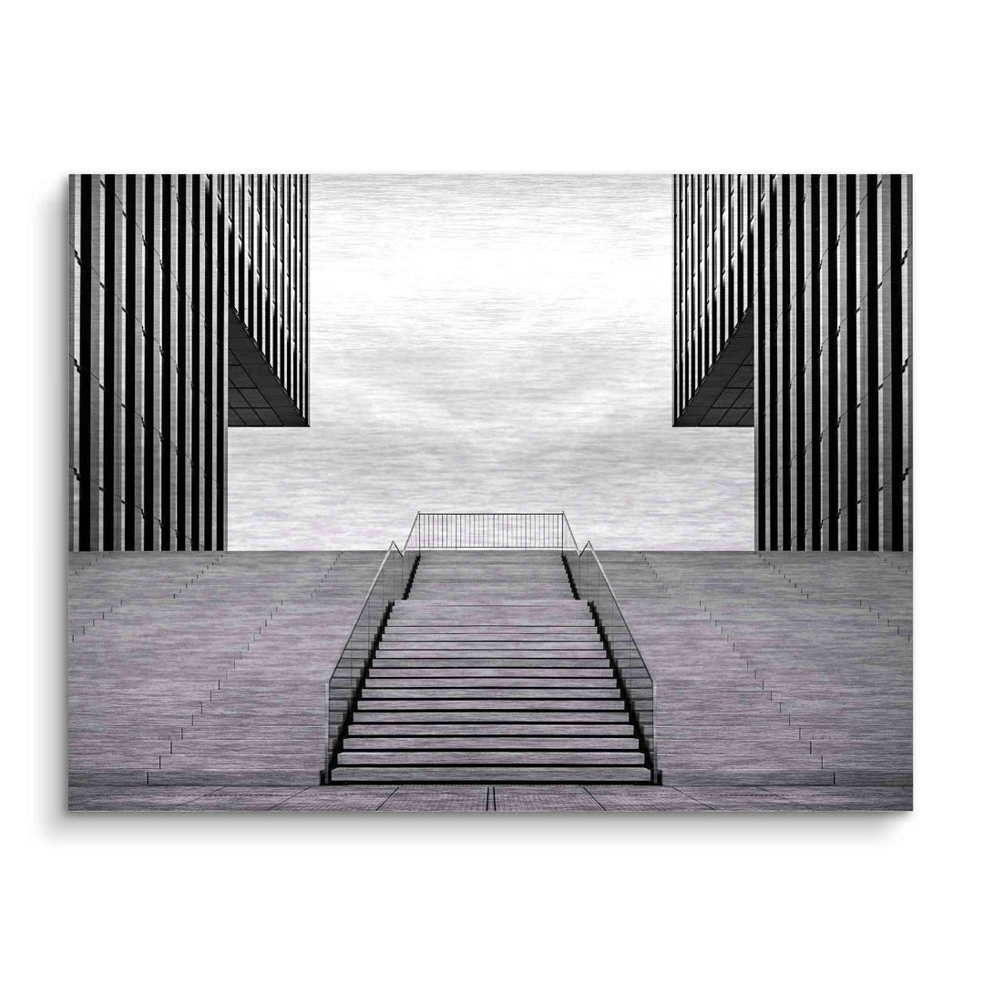 Modernes Wandbild Düsseldorf Hafen mit Treppe und Glasfassaden in Schwarz-Weiß, Architektur Kunst
