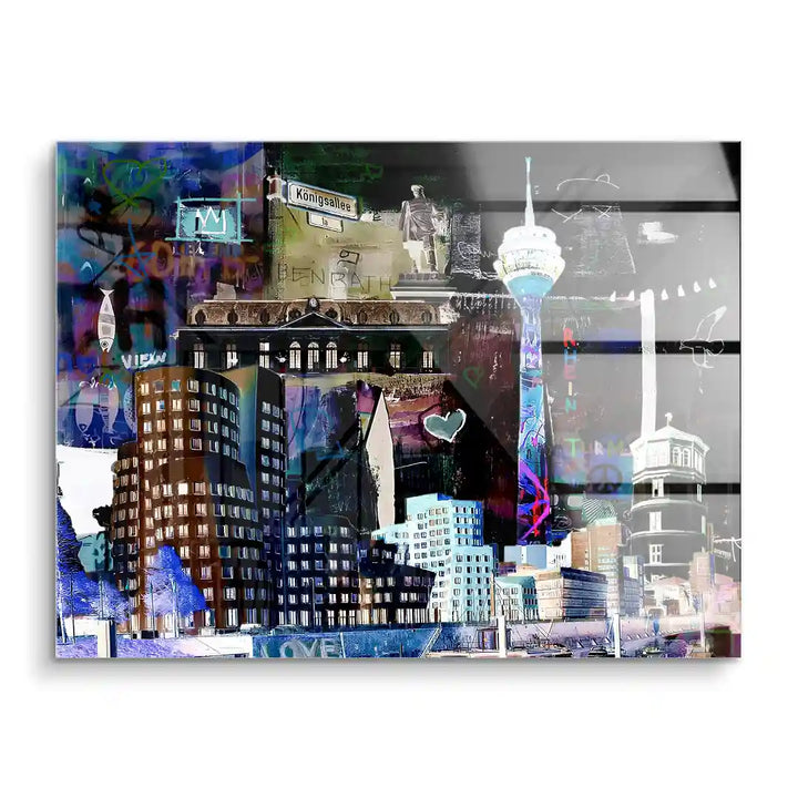 Modernes Wandbild Düsseldorf bei Nacht mit Rheinturm, Gehry-Bauten und urbaner Skyline, Acrylglas
