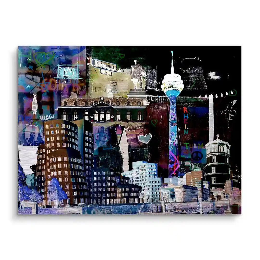 Modernes Wandbild Düsseldorf bei Nacht mit Rheinturm und bekannten Gebäuden, Collagenstil