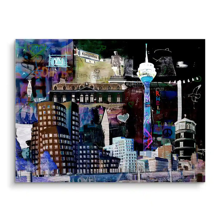 Modernes Wandbild Düsseldorf bei Nacht mit Rheinturm und bekannten Gebäuden, Collagenstil
