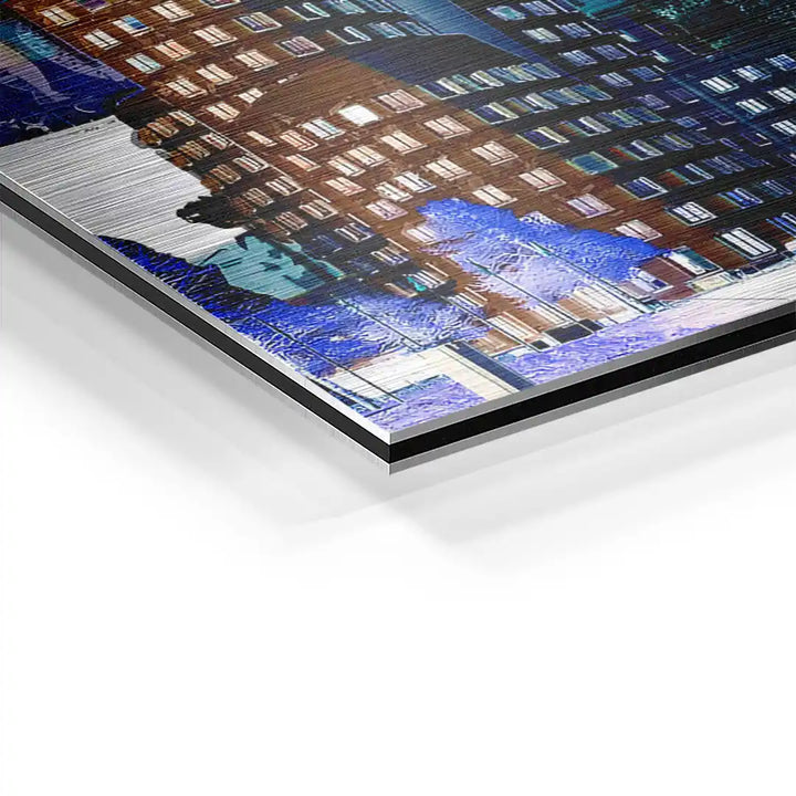 Detailaufnahme Wandbild Düsseldorf bei Nacht auf Aluminium, moderne Skyline Kunst