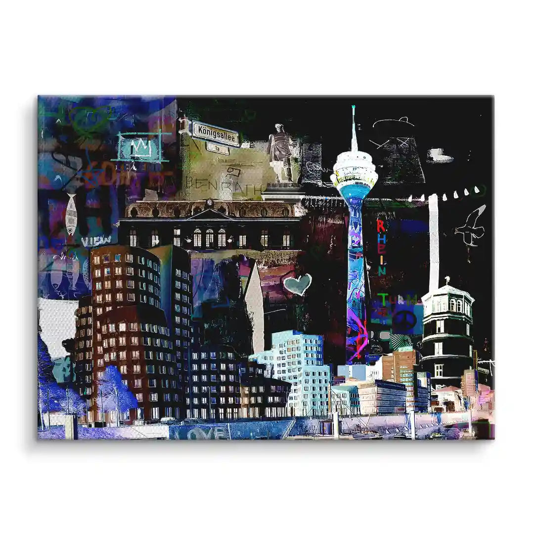 Modernes Wandbild Düsseldorf Skyline bei Nacht mit Rheinturm und beleuchteten Gebäuden