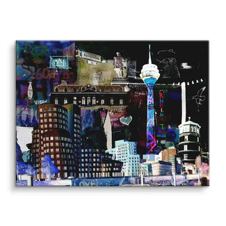Modernes Wandbild Düsseldorf Skyline bei Nacht mit Rheinturm und beleuchteten Gebäuden