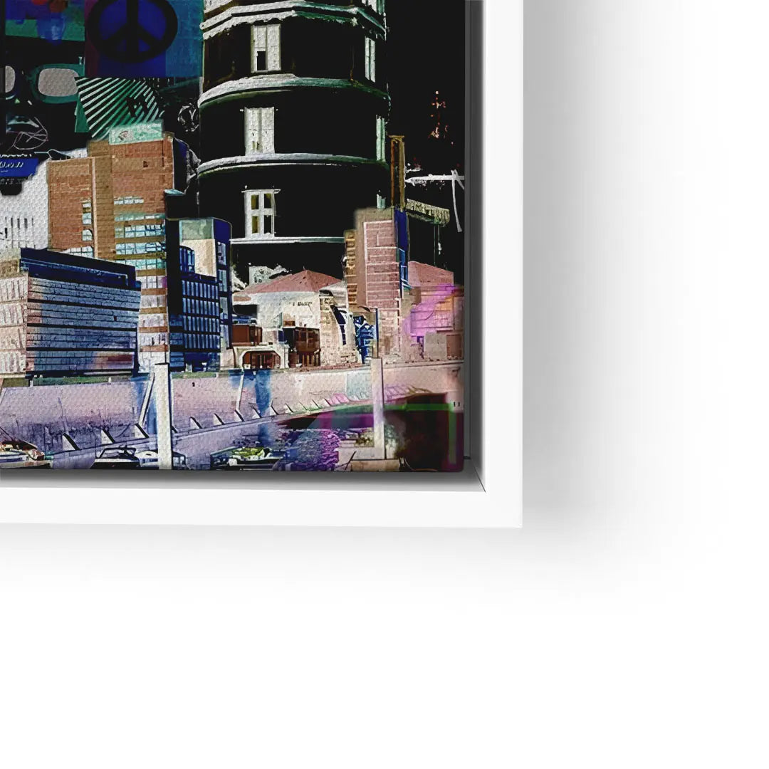 Modernes Wandbild Düsseldorf bei Nacht, Skyline mit farbigen Lichteffekten, Kunstdruck