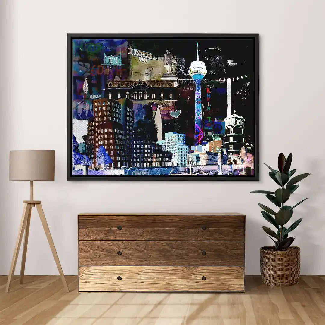 Modernes Wandbild Düsseldorf Skyline bei Nacht, Kunstdruck im Wohnzimmer, Kunst kaufen