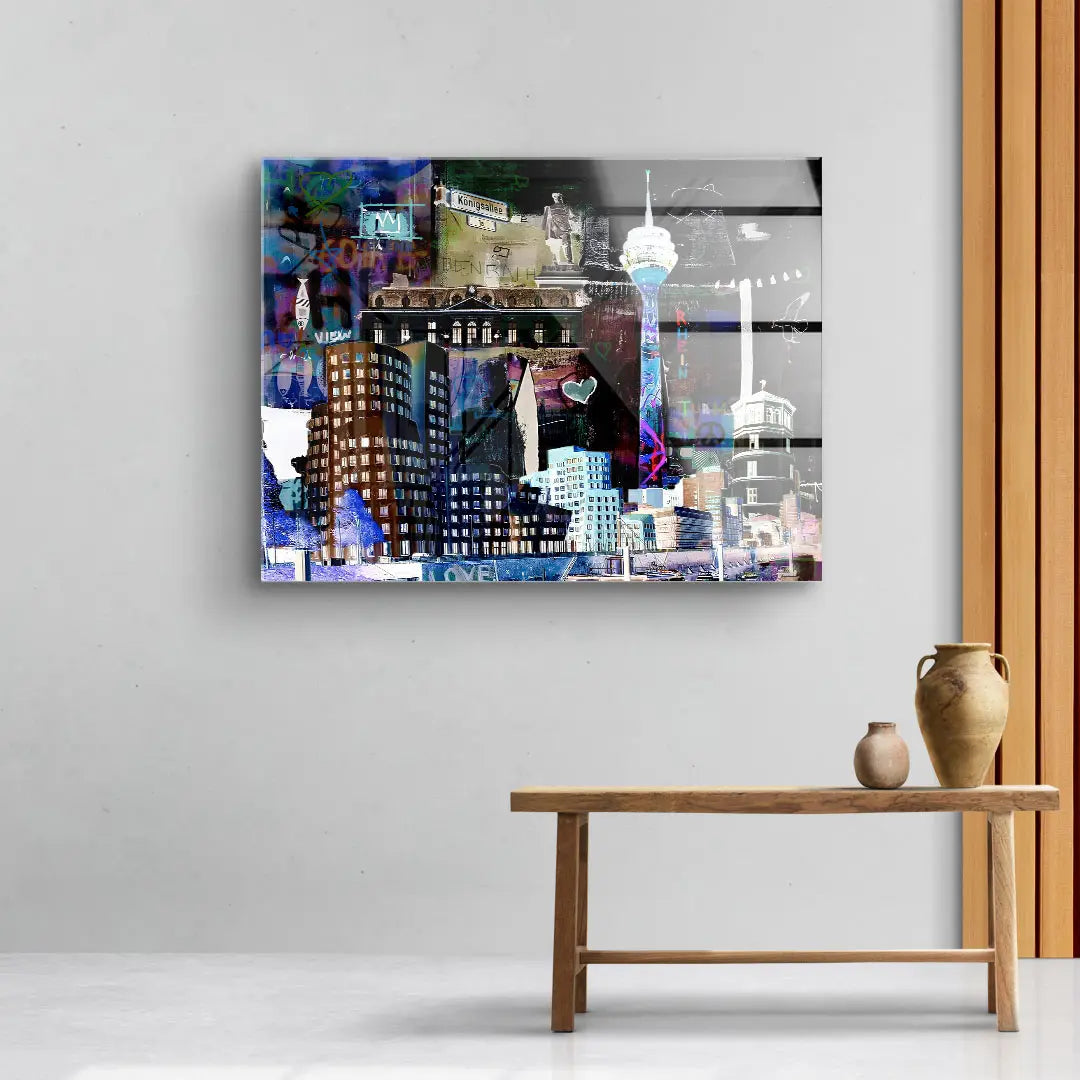 Modernes Wandbild mit Düsseldorfer Skyline bei Nacht, bunte Collage auf Leinwand