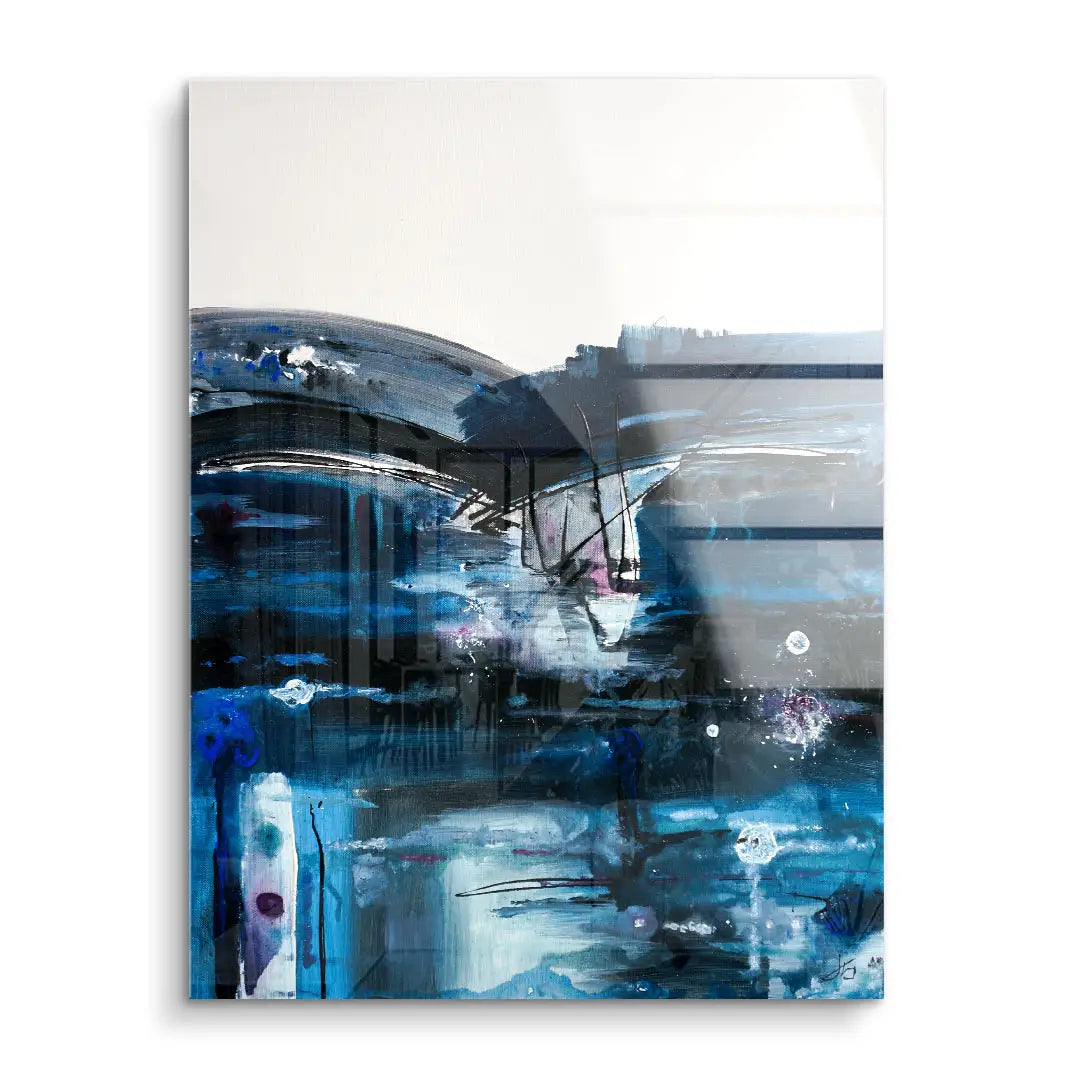 Abstraktes Acryl Wandbild in Blau, Schwarz und Weiß mit modernen, tiefen Farbschichten