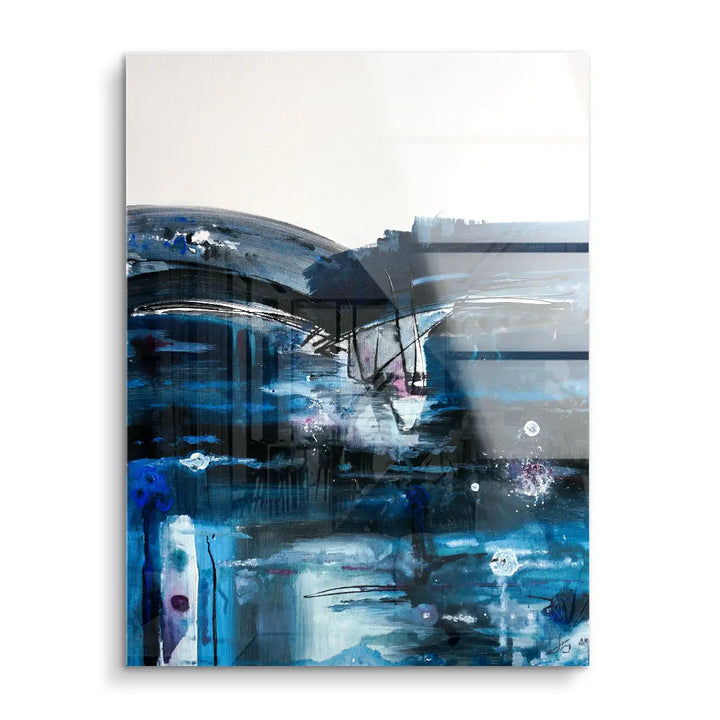 Abstraktes Acryl Wandbild in Blau, Schwarz und Weiß mit modernen, tiefen Farbschichten