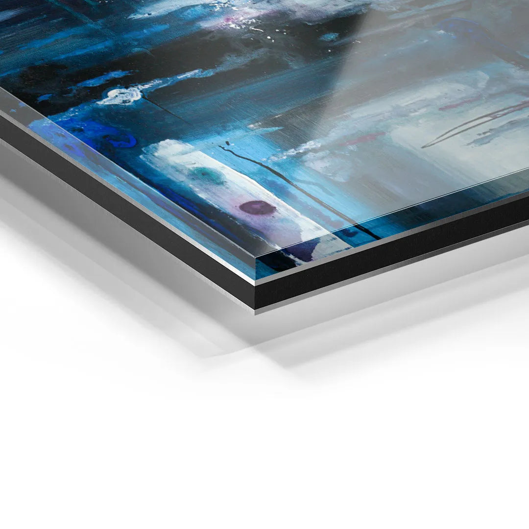 Detailansicht Wandbild Acrylglas, abstrakte Kunst in Blau- und Schwarztönen