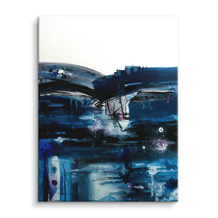Abstraktes Wandbild in dunklen Blautönen mit Kunst auf Leinwand, moderne Dekoration