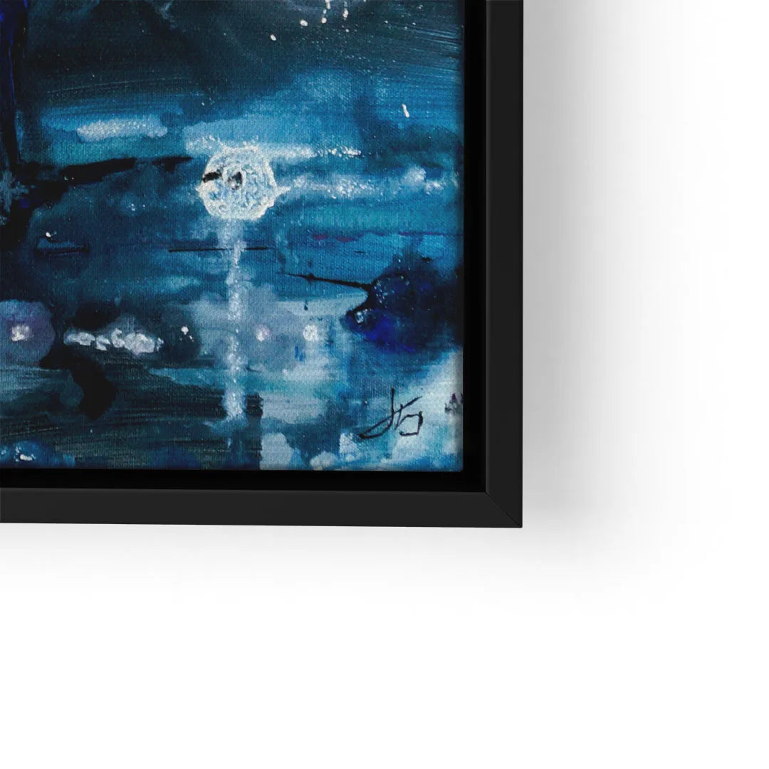Abstraktes Wandbild mit dunklen blauen Farbtönen, moderne Kunst, schwarzer Rahmen