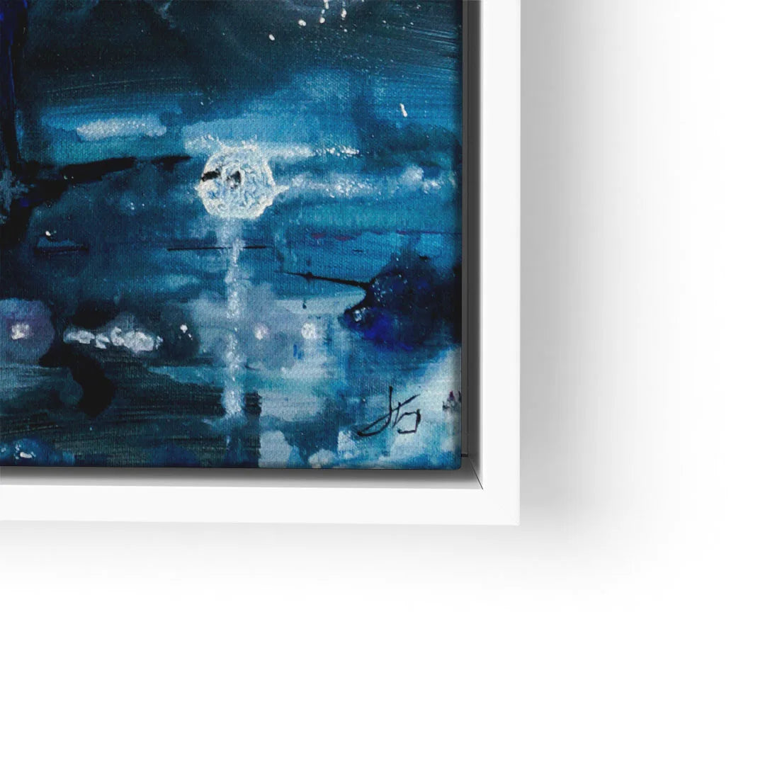 Abstraktes Wandbild in Blau und Schwarz mit weißem Akzent und modernem Kunststil