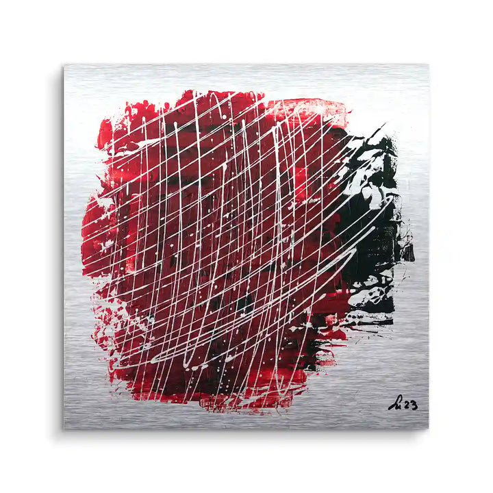 Abstraktes Wandbild mit roten, schwarzen und weißen Linien auf Aluminium, moderne Kunst