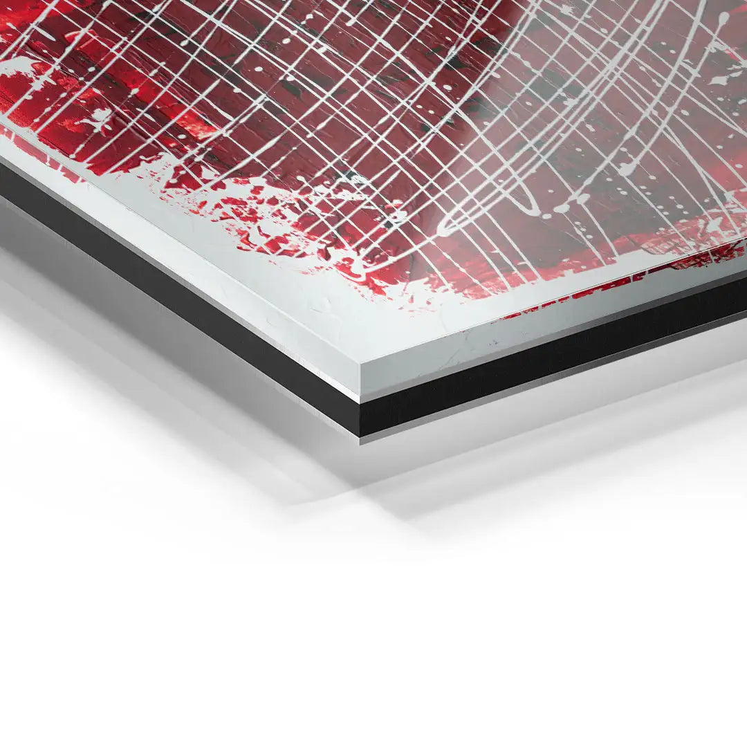 Detailaufnahme Acrylglas Wandbild mit abstraktem roten Muster und weißen Linien