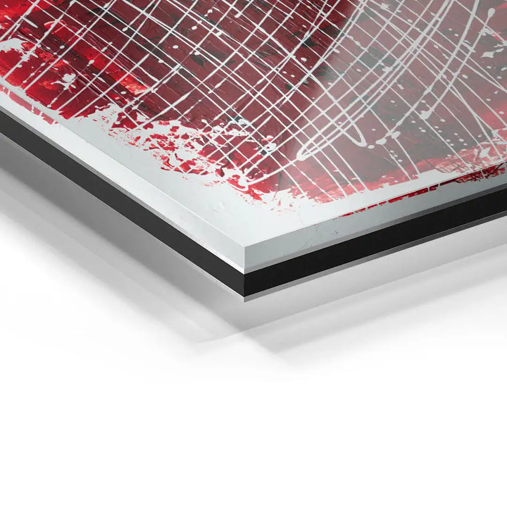 Detailaufnahme Acrylglas Wandbild mit abstraktem roten Muster und weißen Linien